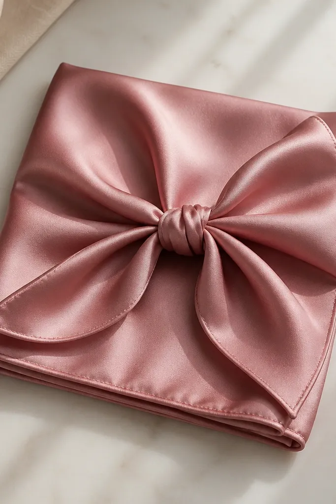 A dusty rose silk scarf folded into a neat square and tied into a small knot at the center. The silk catches light with a subtle sheen, and the edges are neatly finished.