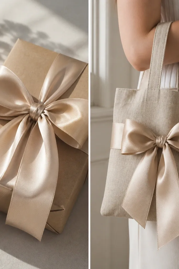 A satin bow tied around a kraft paper-wrapped gift, then repurposed as a belt-style tie on a small reusable tote. The satin is a soft champagne color with crisp folds.
