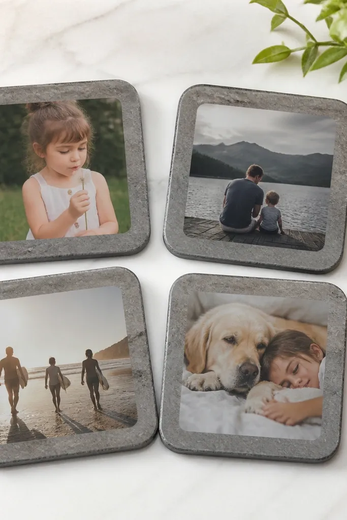 Four square coasters with a stone-gray background and a clear photo transfer of small memories in the center. Each coaster has rounded corners and a glossy protective layer.