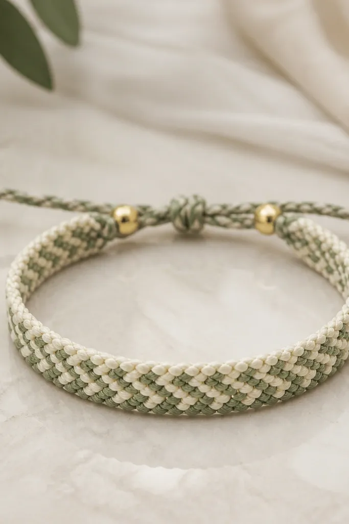 A woven bracelet in cream and muted green thread with two small gold accent beads near the clasp. The weave is tight, and the ends are finished with a neat braided tie.