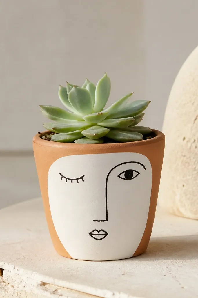 A small terracotta pot painted with a minimal face in warm white and black lines. The paint is matte, the edges are clean, and a tiny succulent sits inside.