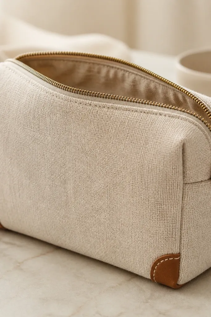 A cream linen makeup bag with boxed corners and small leather tab details at each corner. It has a brass zipper, topstitched seams, and a neat interior lining visible at the opening.