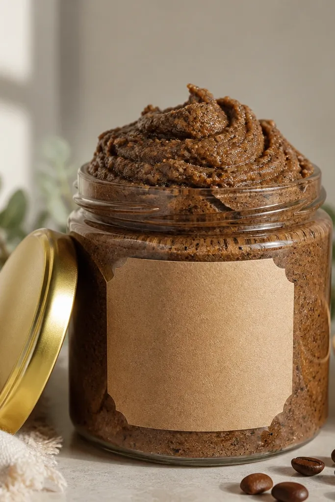 A glass jar filled with a thick brown coffee scrub with a whipped texture. The lid is gold, and a kraft label with black handwritten directions sits on the front.