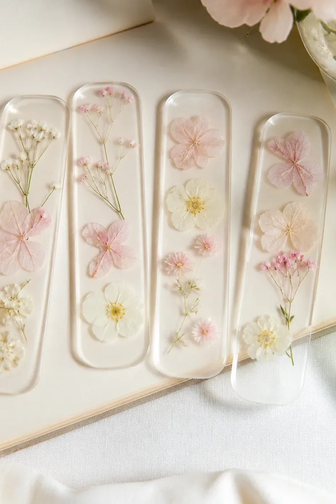 A set of bookmarks with clear resin domes holding small pressed flowers. The flowers are pale pink and white, set on translucent backing with clean rounded edges.