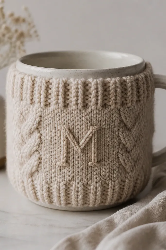 A knit mug cozy in oatmeal yarn with a subtle cable stitch pattern and a small stitched monogram on the front. It fits tightly around a ceramic mug, with neat ribbing at the top.
