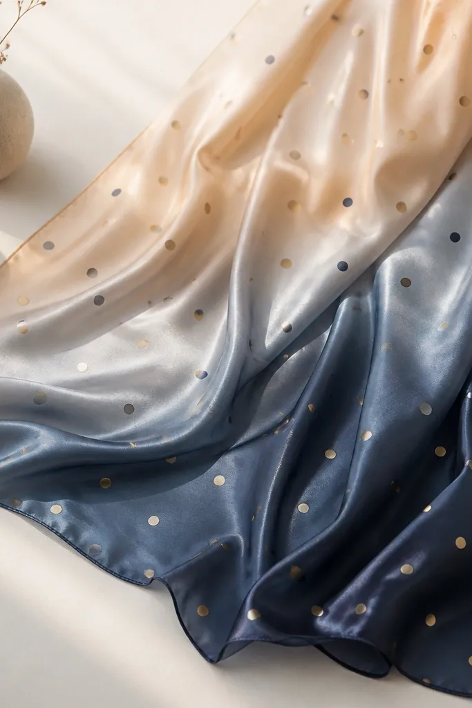 A long silk scarf laid flat with a soft gradient wash and evenly spaced small dots in gold and deep navy. The fabric drapes naturally and the paint looks sealed and smooth.