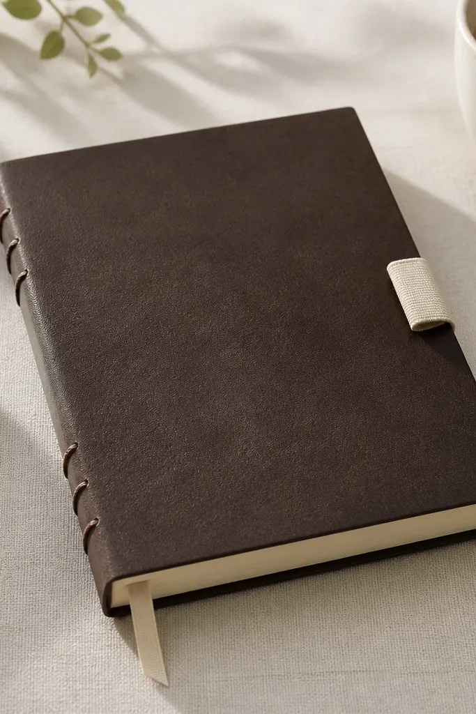 A dark chocolate faux leather journal with a stitched spine, a cream elastic pen loop on the front cover, and a ribbon bookmark inside. The cover edges are clean and squared.