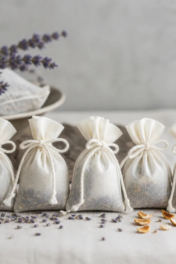 Small cotton muslin sachets tied with white twine, filled with dried lavender and orange peel. They sit neatly in a row and look like little bundles of fabric.