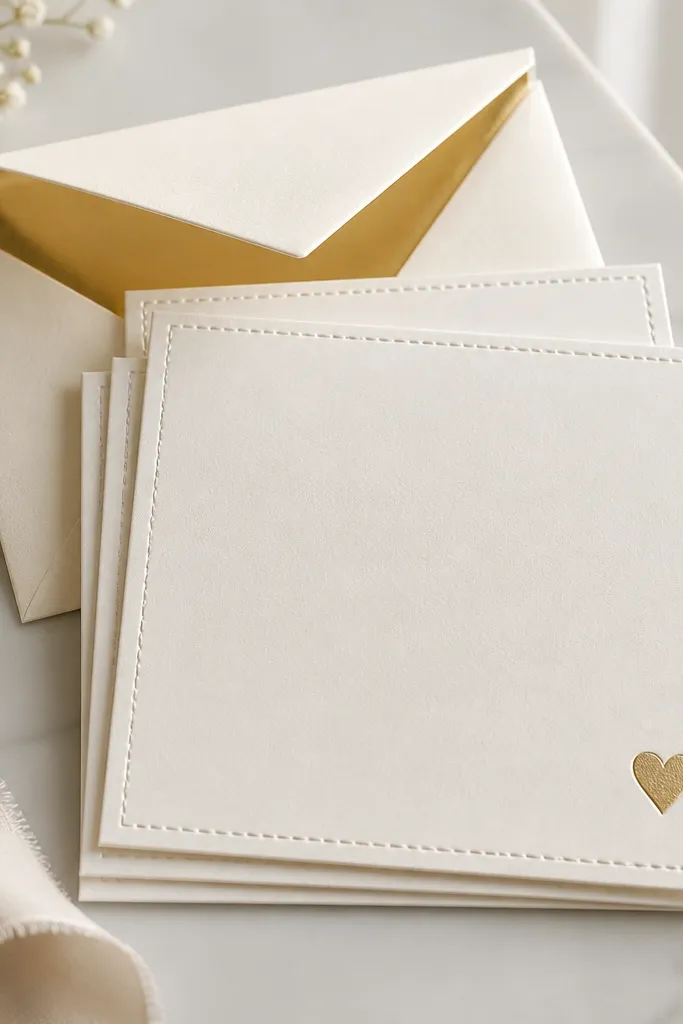 A set of thick cream cards with gold foil accents and matching envelopes. Each card has a simple stitched border around the edge and a small gold-foil heart in one corner.