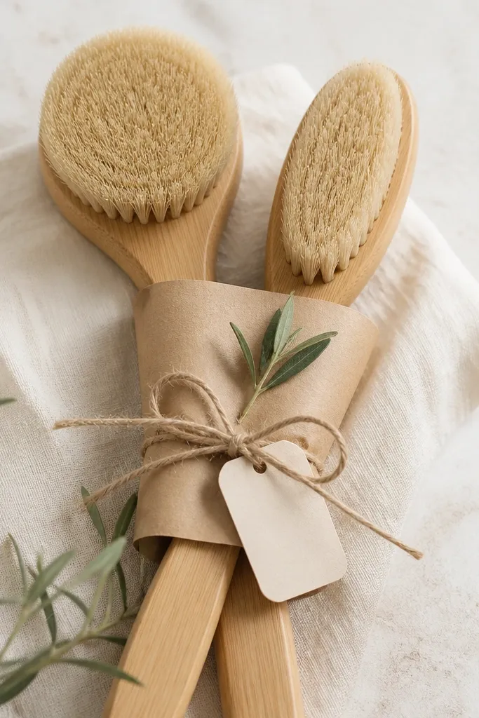 A set of two body brushes with bamboo handles and soft bristles, wrapped in kraft paper and tied with twine. A small custom label is attached, and the brushes look clean and new.