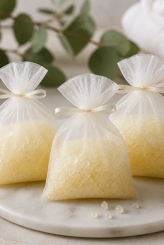 Organza sachets tied with thin ribbon, filled with pale yellow bath soak crystals. The sachets have a translucent look, and the ribbon bows are small and neat.