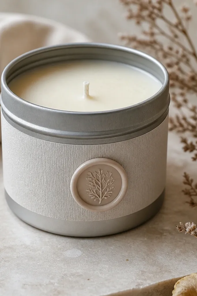 A soy wax candle poured in a reusable metal tin with a smooth top and a subtle speckled look. The tin has a label with minimalist typography and a wax seal sticker.