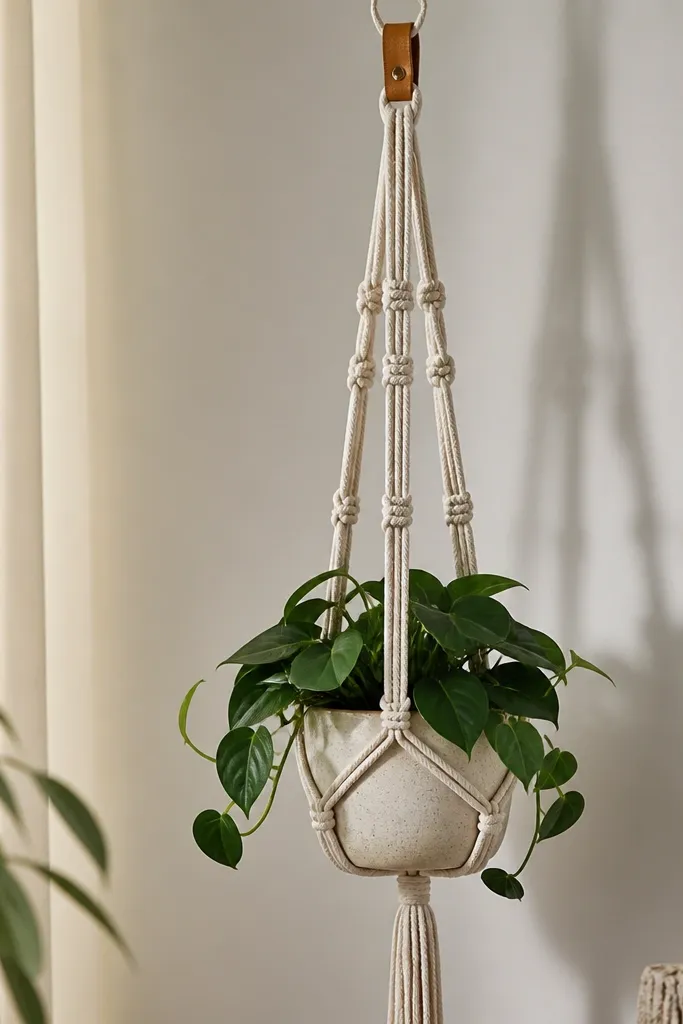 A macramé plant hanger in natural cotton rope with a neat top leather tie and evenly spaced knots. It holds a small hanging plant with dark green leaves.