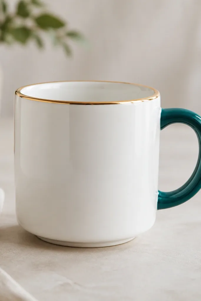 A plain white mug with a deep teal painted accent on the handle and a thin gold line around the rim. The paint is smooth and glossy, and the mug looks like it came from a studio.