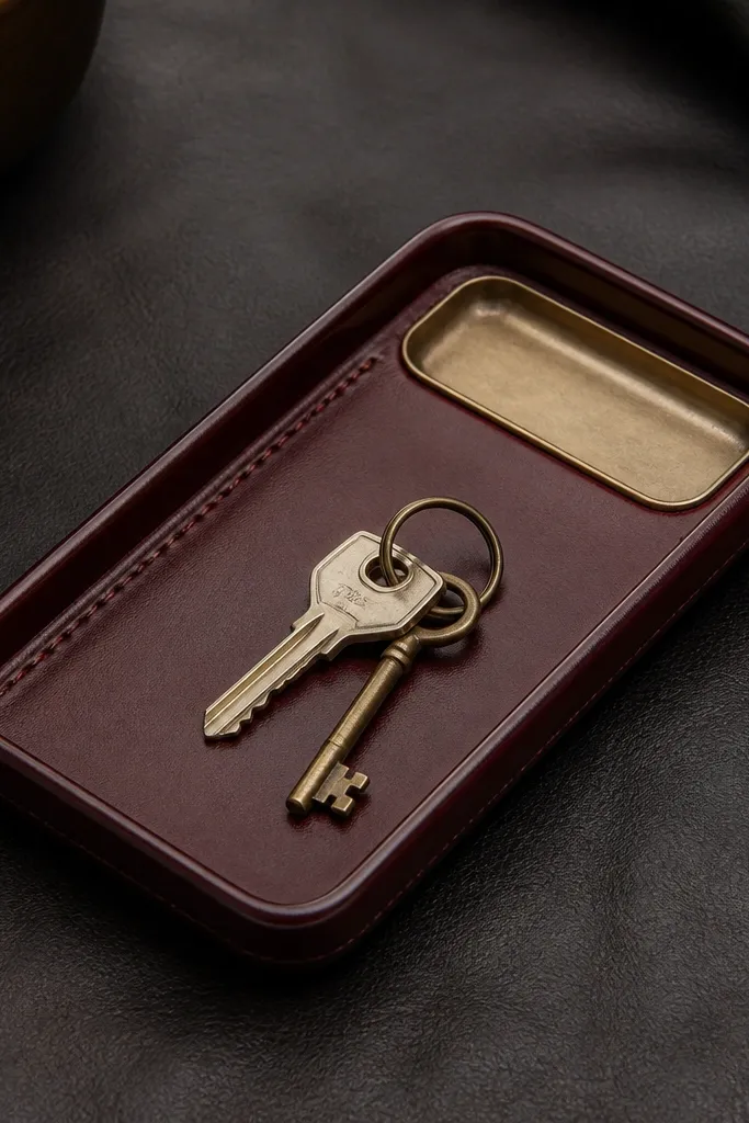 A small rectangular key tray made from deep oxblood leather, with burnished edges that look glossy-smooth. The surface is flat and clean, with a stitched border and a simple brass catch-all dish area at one end. A pair of keys rests neatly in the center on a dark leather background.