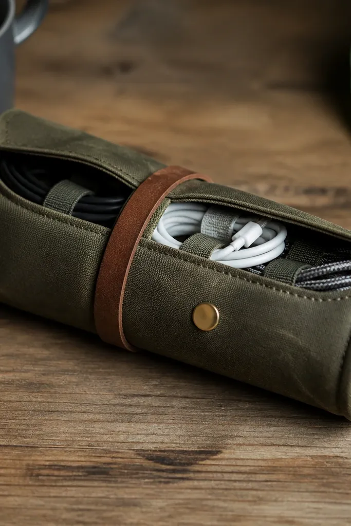 A rolled olive waxed canvas cable wrap tied with a leather strap. Inside, neatly coiled cables are visible through a top flap. A small brass snap closure sits centered on the front, and the canvas shows a subtle sheen from wax.
