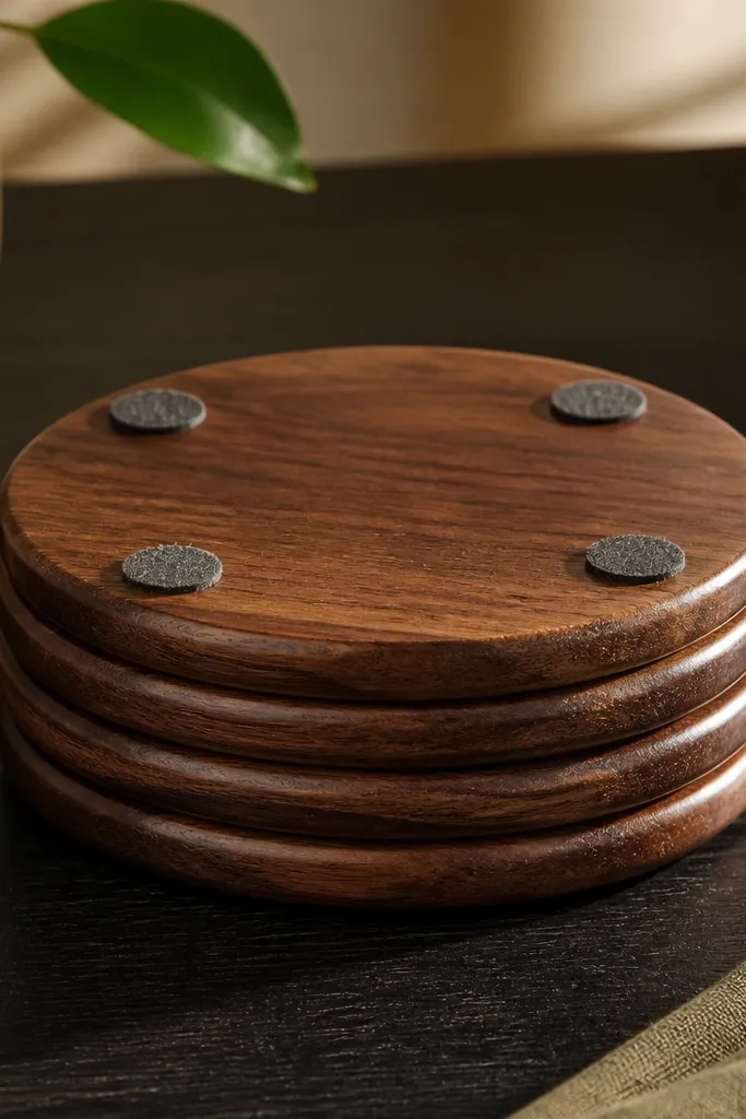 Four round wooden coasters with a warm walnut stain, each with a smooth glossy finish. The bottoms have small circles of dark gray felt. The coasters are stacked on a dark tabletop, showing clean edges and consistent color.