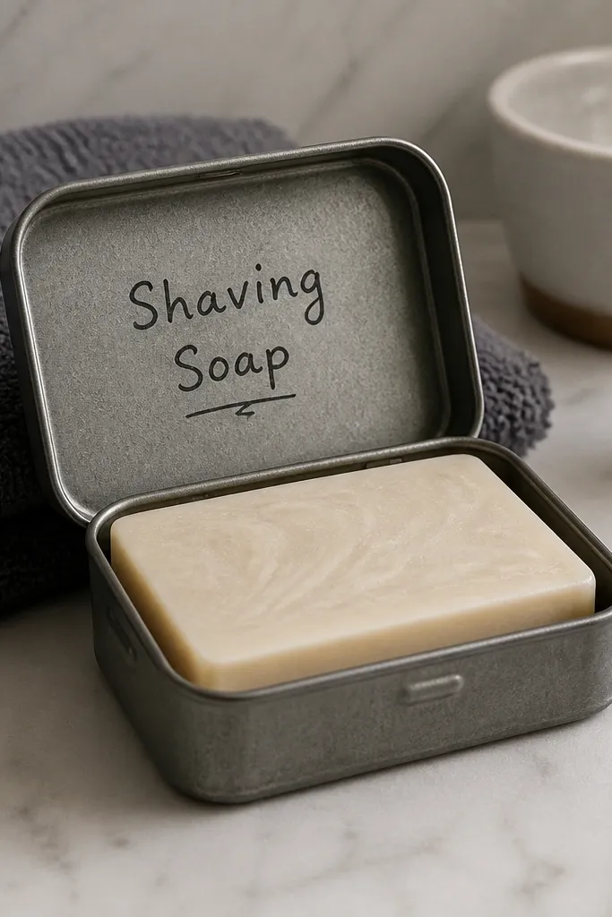 A small metal tin with a hinged lid labeled by hand in black ink. Inside is a rectangular shaving soap bar with a smooth surface and subtle marbling from melt batches. The tin sits on a bathroom counter next to a folded dark towel.