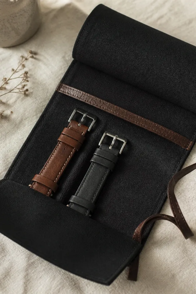 A roll-up organizer made from black linen with leather straps. It wraps around a pair of leather watch bands with a small stitched divider. The roll is closed with a leather tie, and the fabric looks matte and sturdy.