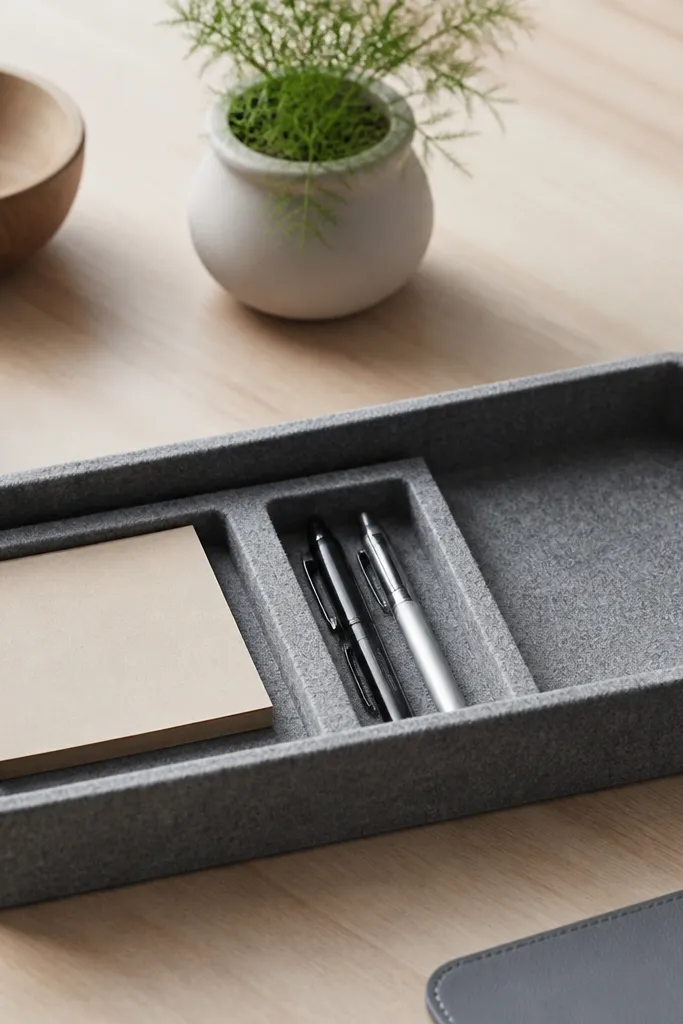 A rectangular desk tray made from thick gray felt with compartments for pens and sticky notes. One corner has a small hand-sanded oak knob attached like a handle. The felt edges are clean, and the organizer sits on a light wood desk.