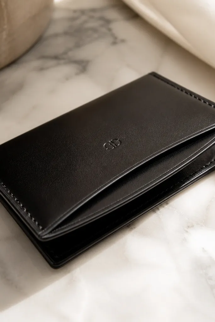 A slim black leather card case with a small monogram stamped in the center. The edges are dyed a matching dark color and look smooth and glossy. The case lies open slightly, showing two card slots.