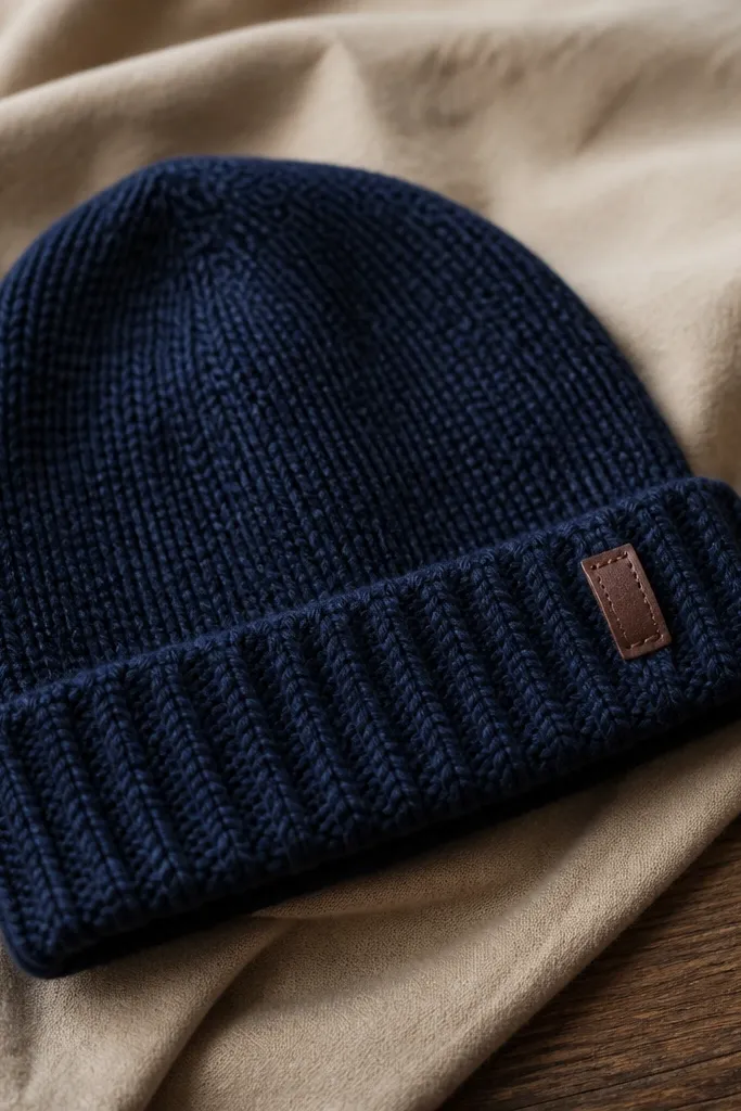 A hand-knitted beanie in deep navy wool with a ribbed cuff. The knit stitches are even and tight, with a smooth rolled brim. A small leather tag is stitched near the side seam.