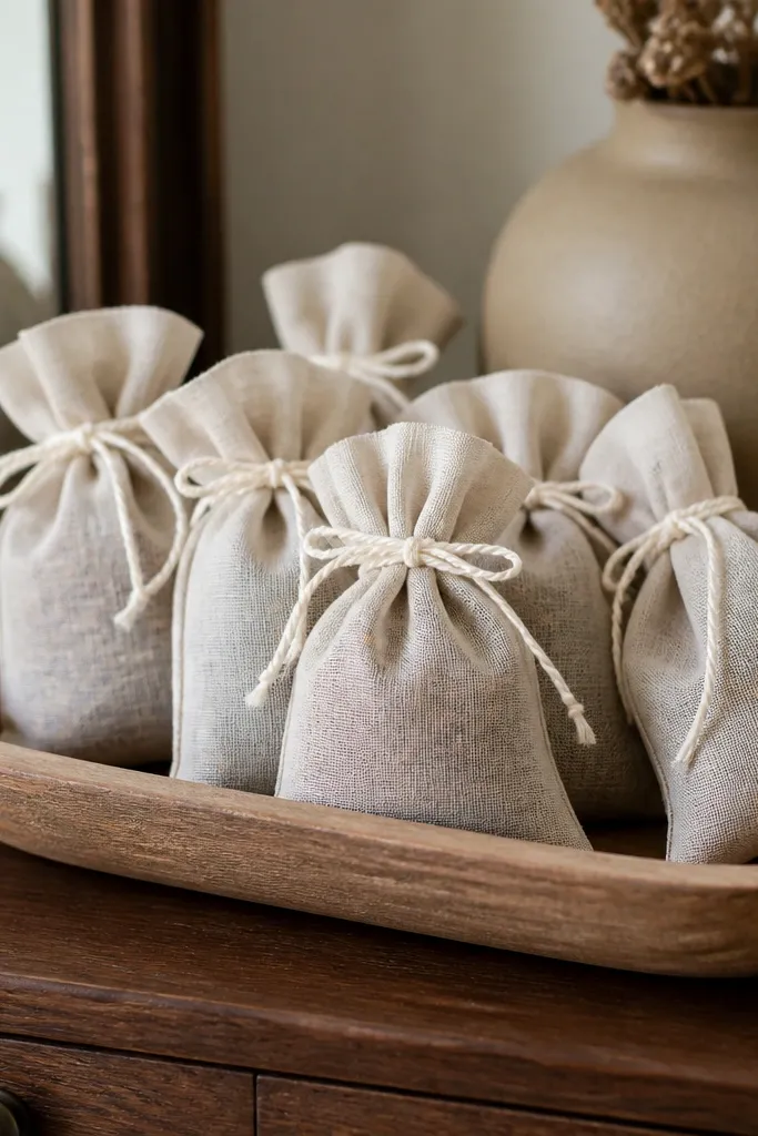 Small linen pouches in natural beige with tied cotton cords. Inside, you can see tiny specks of cinnamon and dried orange peel through the fabric. The sachets sit in a shallow wooden tray on a dresser.