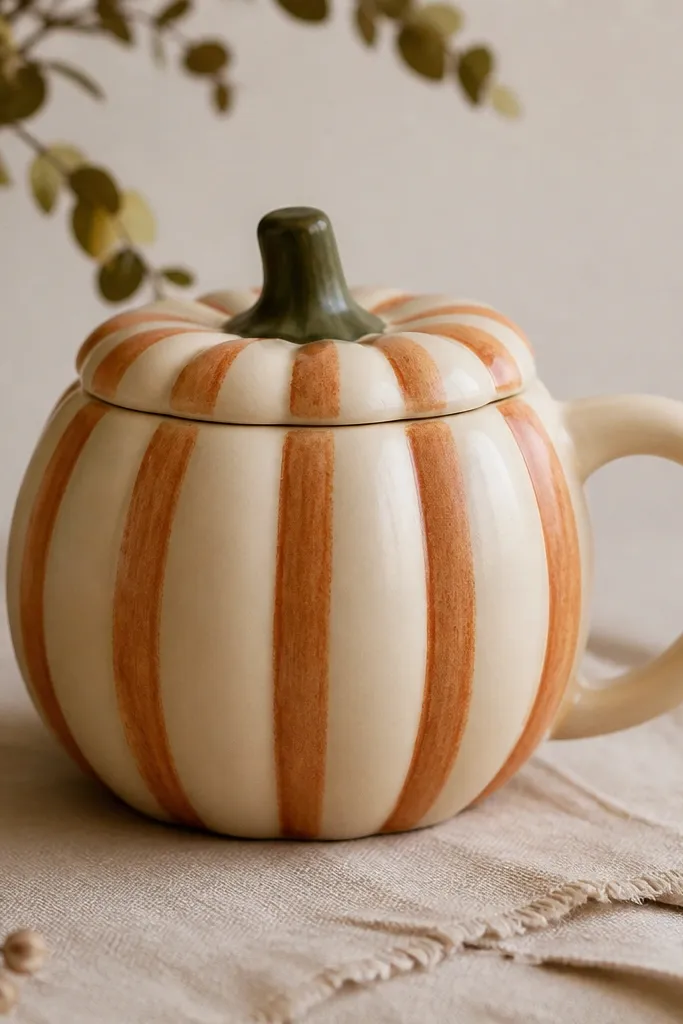 A cream ceramic mug painted in burnt sienna pumpkin stripes with subtle ridge highlights; the top has a small green stem, and the whole surface looks satin-smooth, not glossy.