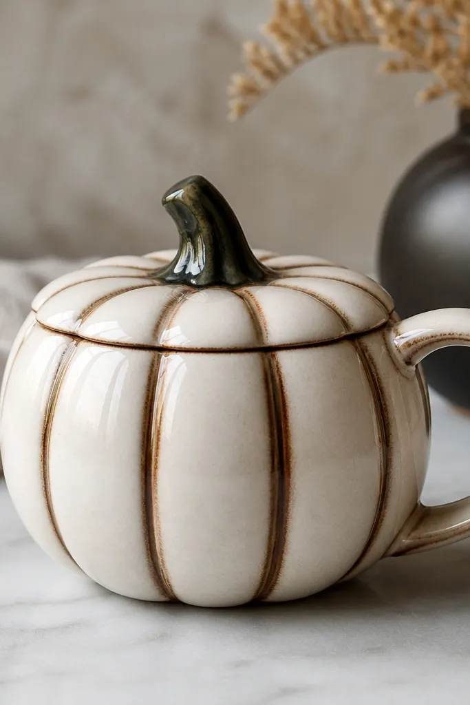 A white mug with cream pumpkin ridges; the grooves are tinted dark brown like espresso, and the stem is charcoal green with a tiny highlight.