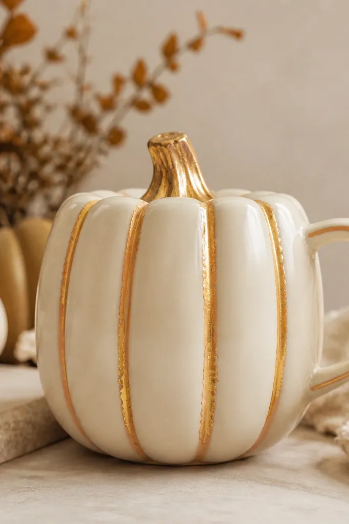 A warm cream mug with raised-looking pumpkin ridges tinted orange, and antique gold foil accents only along the ridge lines; the stem has gold leaf touches.