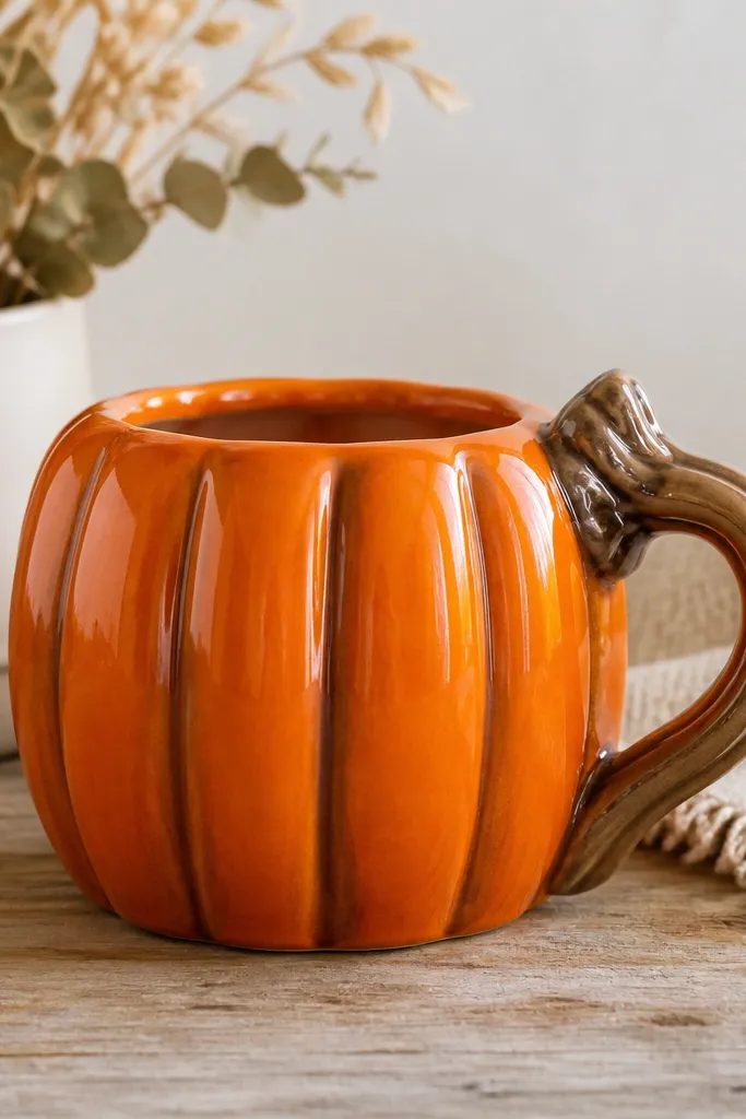 A mug with sculpted raised pumpkin ridges in orange clay, shaded with darker brown in the grooves; the surface is glossy and the stem is thick and rounded.