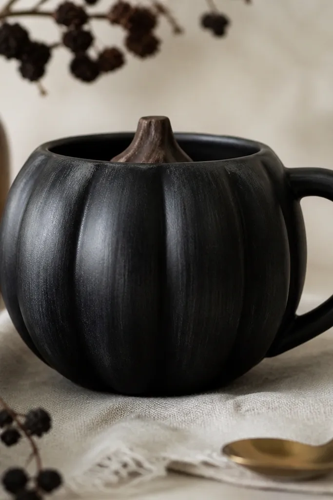 A matte black mug painted with pumpkin ridges in charcoal black, with soft gray dry-brushed highlights; the stem looks dark brown and slightly dry-brushed.