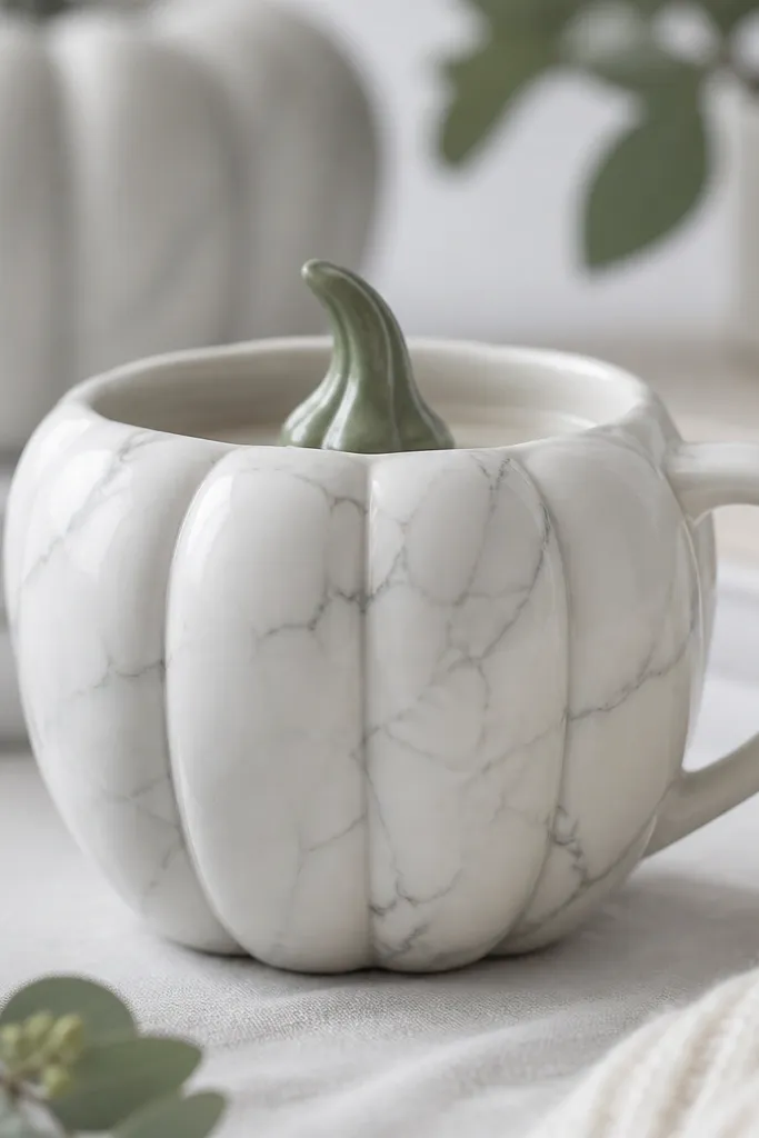 A white mug with marble-like pumpkin ridges; gray vein lines run through the ridges, and the stem is a muted green with a soft highlight.