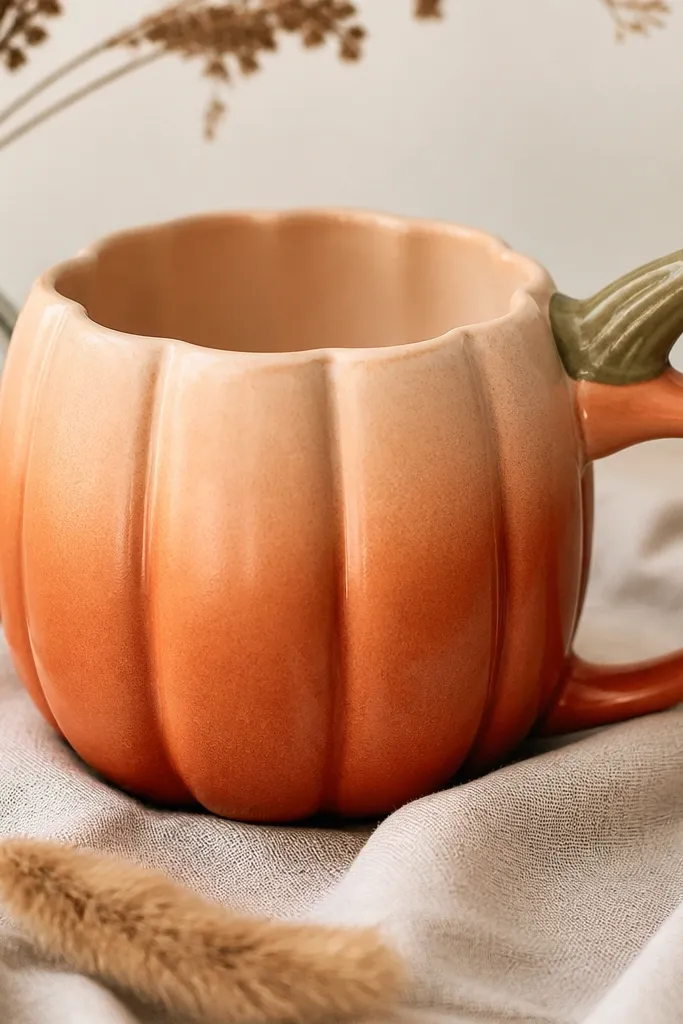 A mug with terracotta pumpkin ridges that fade from deep terracotta near the handle to lighter peach toward the rim; the stem is olive green.