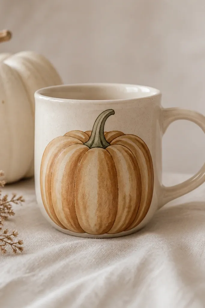 A beige mug with watercolor-style pumpkin ridges in cinnamon brown and caramel; the stem is soft green with a tiny dark outline.