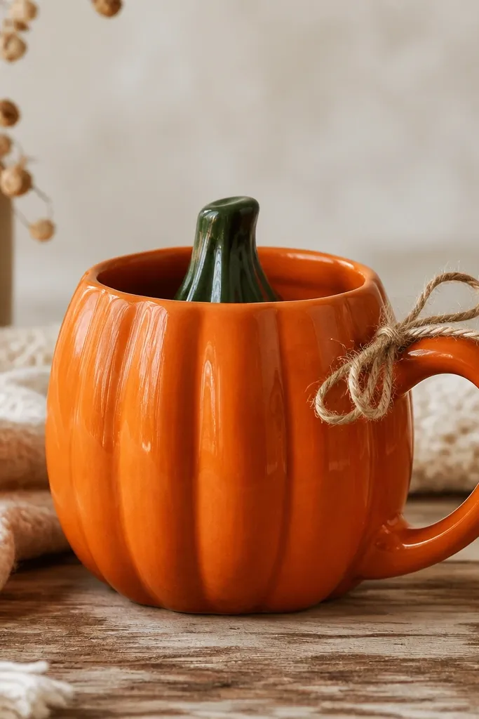 A pumpkin mug painted deep orange with crisp ridges; the top has a dark green stem and a small loop of twine tied around the handle area.