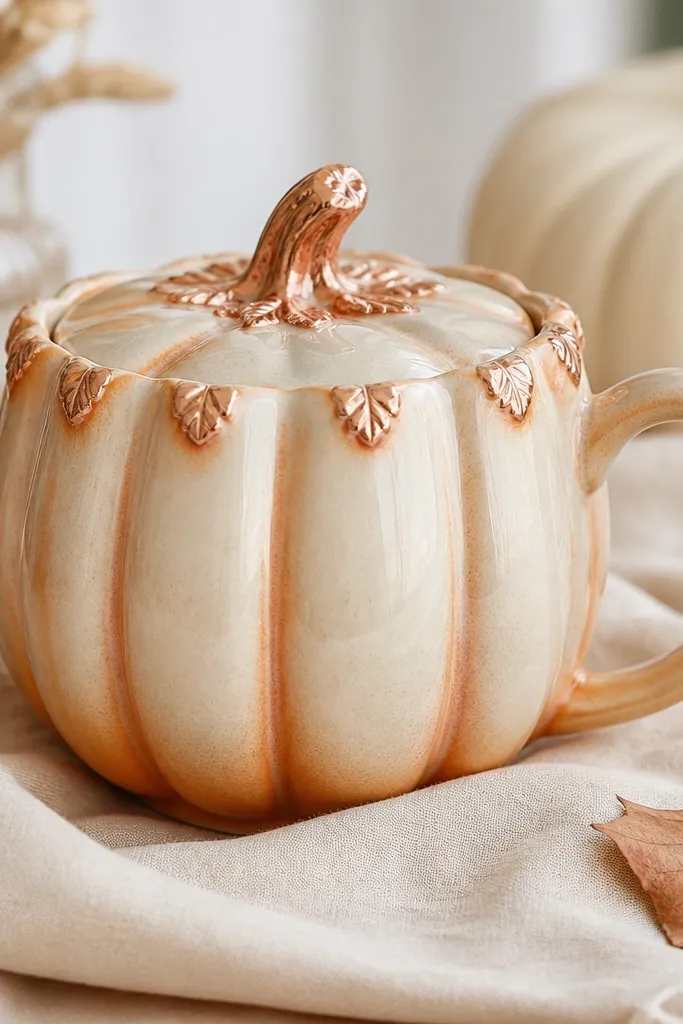A light cream mug with subtle pumpkin ridges in warm orange; rose gold leaf is applied in small leaf-like shapes on ridge tops and around the stem.
