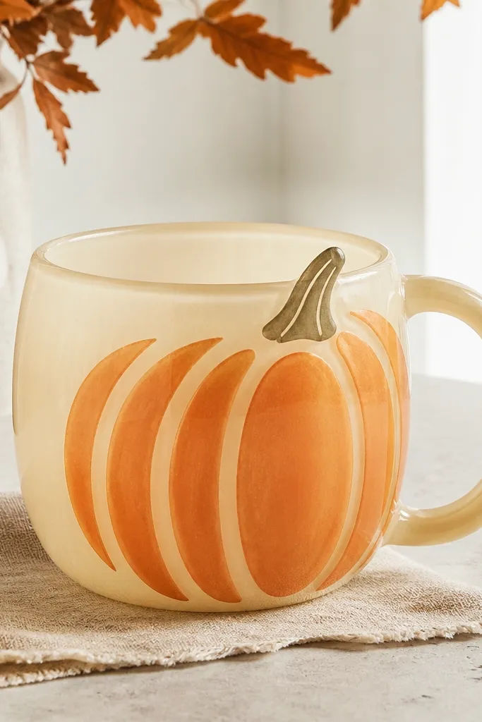 A translucent-looking cream mug with stenciled pumpkin ridges in muted orange; the ridges have crisp edges, and the stem is painted with a thin highlight line.
