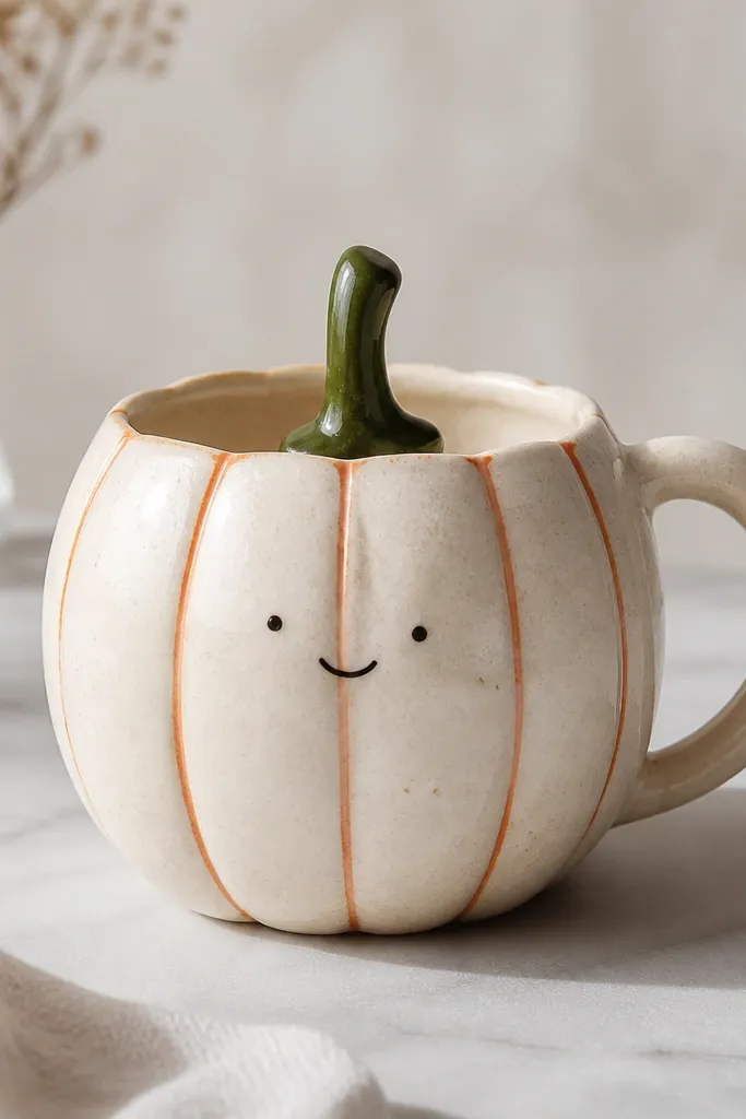 A cream pumpkin mug with orange ridges and a tiny minimalist smiling face outlined in black ink; the stem is green with a small dark shadow.
