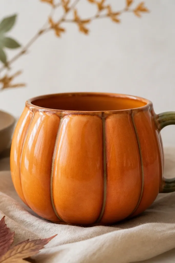 A mug with subtle clay-slab texture on pumpkin ridges; the orange is burnished for a smooth sheen, and the grooves are darker brown.