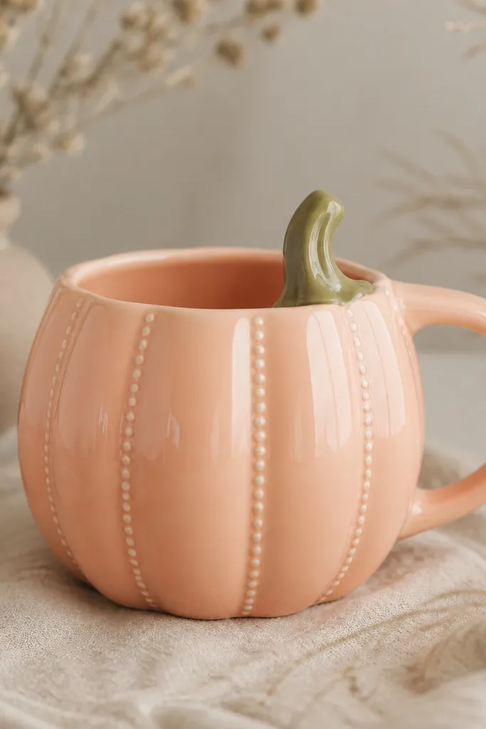 A pearl peach mug with pumpkin ridges; tiny white dot highlights run along ridge centers, and the stem is soft olive with a pale highlight.