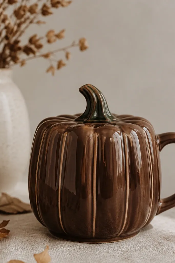 A chocolate brown pumpkin mug with darker ridges and thin cream highlights that look like tiny drips down the ridges; the stem is dark green with a brown shadow.