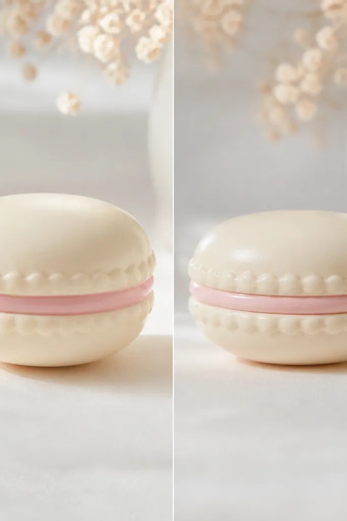 A mini two-layer macaron shape, pale cream outer shell with a thin glossy pink "filling" strip, scalloped edge details, and a soft domed top. The photo shows the squishy from the front and side, highlighting a smooth seam line and a gentle shine.