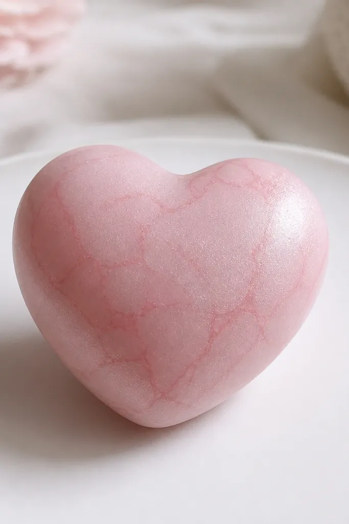 A small heart squishy in pale pink with faint marbled "veins" drawn in translucent rose ink. The surface has a soft shimmer that catches light, and the side view shows even puff with no lumps.