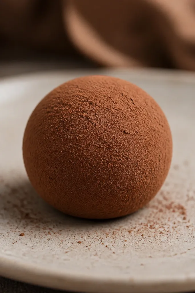 A mini round truffle squishy in warm brown with a velvety, matte cocoa-dusted texture. The surface shows tiny speckles and a soft highlight on the curved top.