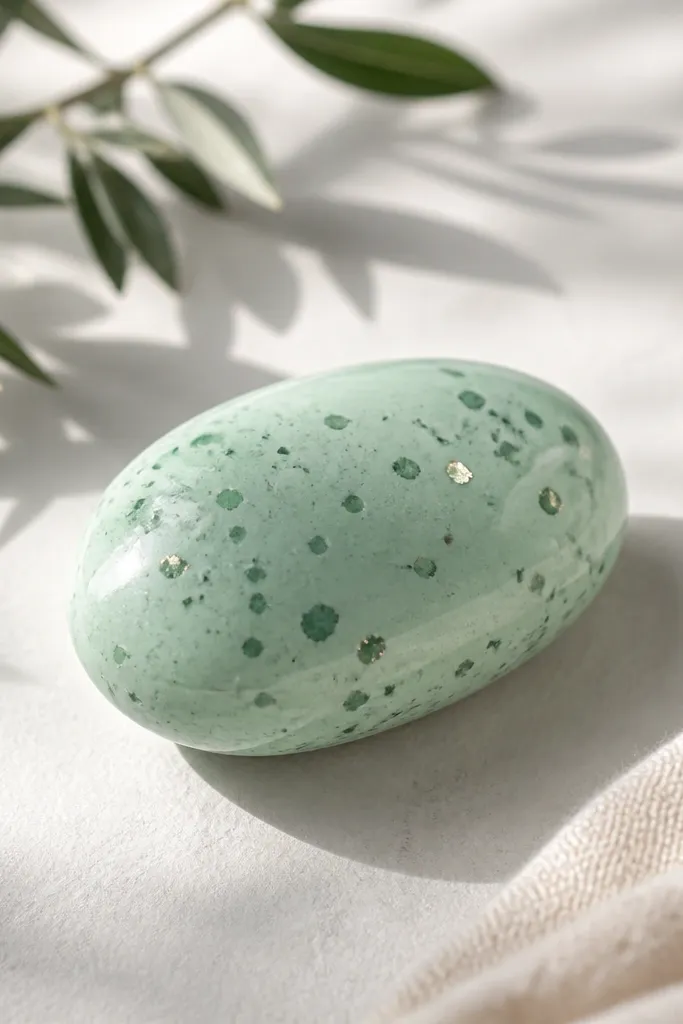 A small oval squishy in mint green with scattered darker green "chips." Some chips have tiny reflective foil flecks. The texture looks smooth with a soft shine.