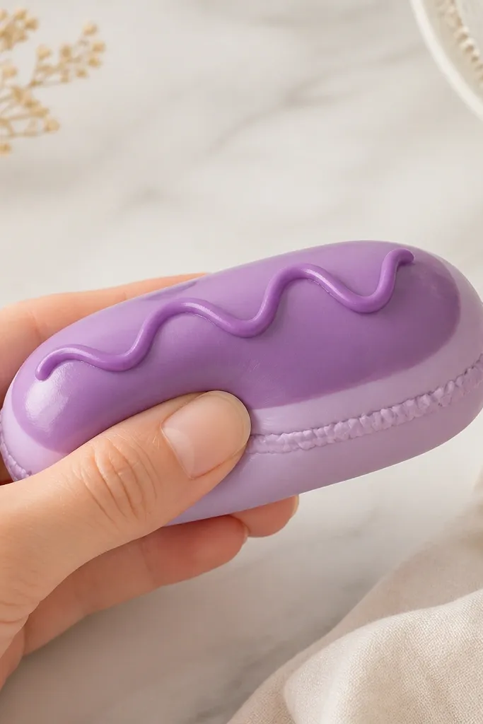 A mini eclair squishy in lavender with a darker lavender top glaze and a glossy piped stripe. The sides show a neat paper seam and soft squish.