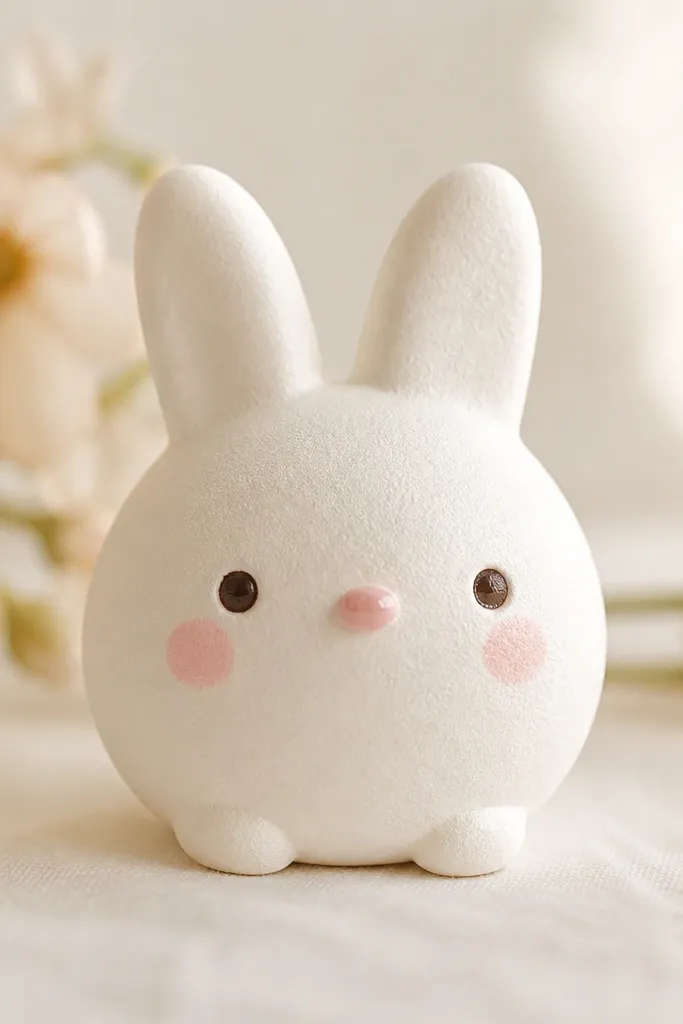 A tiny bunny squishy with pearl-white paper fur texture, matte except for a glossy nose highlight. Blush pink cheeks sit on the sides, and the ears are tall and smooth.