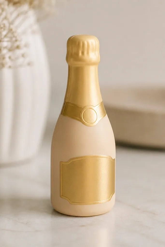 A small champagne bottle squishy in warm beige with a gold foil label and a pale gold neck. The label text area is blank but glossy, and the bottle has a clean seam line.