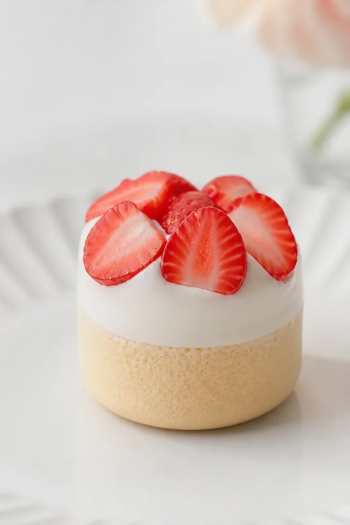 A mini strawberry shortcake squishy with a beige sponge base, a white cream top band, and red strawberry slices on top. The strawberry seeds are tiny dots, and the cream looks slightly glossy.